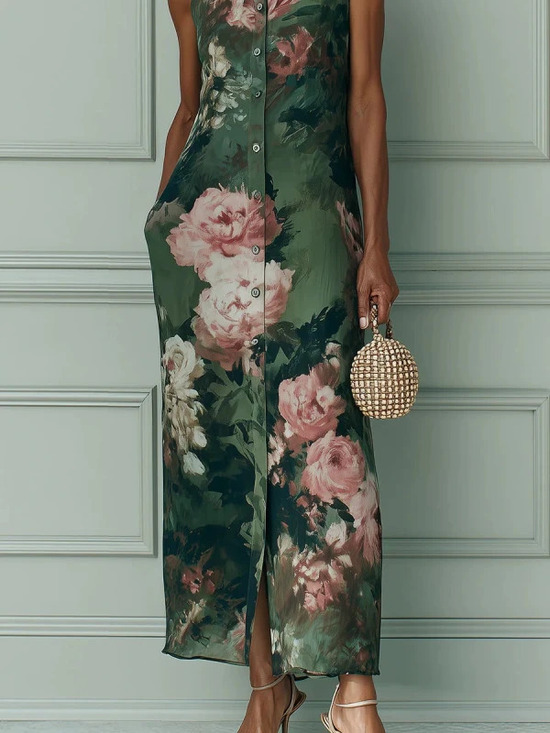 Dresses & Skirts - Vintage Dark Green Oil Painting Floral Halter Sleeveless Long Dress Button Slit